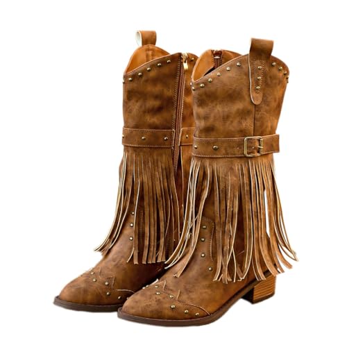 Onsoyours Damen Ritterstiefel Halbhohe Cowboy Stiefel Schneestiefel Wildlederstiefel Quastenstiefel Spitze Stiefel Gürtelschnalle Nieten Stiefeletten mit Blockabsatz B Braun 38 EU von Onsoyours