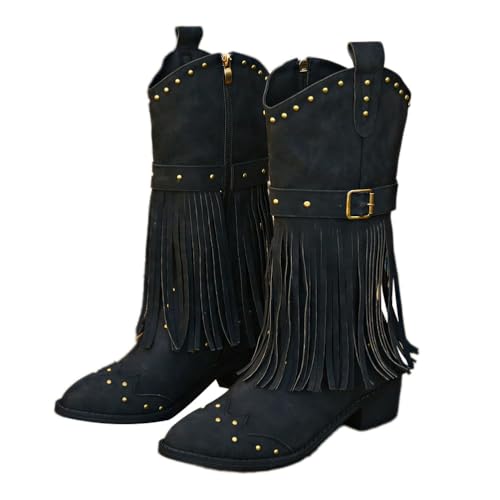 Onsoyours Damen Ritterstiefel Halbhohe Cowboy Stiefel Schneestiefel Wildlederstiefel Quastenstiefel Spitze Stiefel Gürtelschnalle Nieten Stiefeletten mit Blockabsatz B Schwarz 41 EU von Onsoyours