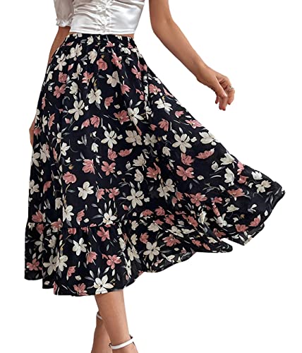 Onsoyours Damen Rock Elegant Maxirock Rockabilly Vintage Retro Röcke mit Schlitz Casual Freizeitrock Lang Hohe Taille Skirt Partyrock B Schwarz XL von Onsoyours