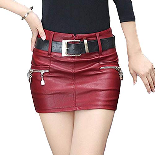 Onsoyours Damen Rock PU Lederröcke Hohe Taille Dekorativen Gefalteten Reißverschluss Dehnbleistiftrock Elegant Optik Business Mode Minirock B Rot S von Onsoyours