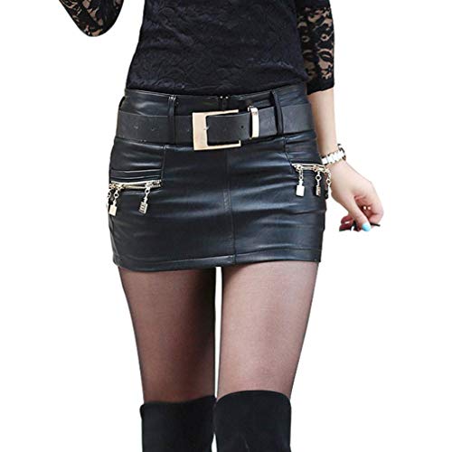 Onsoyours Damen Rock PU Lederröcke Hohe Taille Dekorativen Gefalteten Reißverschluss Dehnbleistiftrock Elegant Optik Business Mode Minirock C Schwarz XL von Onsoyours