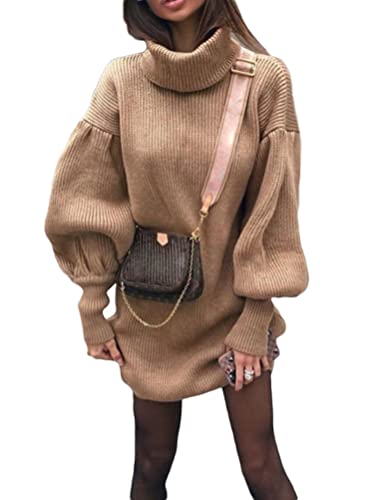 Onsoyours Damen Rollkragen Kleid Strickkleid Pulloverkleid Langarm Minikleid Pullikleid Laternenärmel Strickpullover Kleider Warm Midikleid Winterkleider Freizeitkleid A Kamel M von Onsoyours