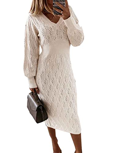 Onsoyours Damen Rollkragen Pulloverkleid Elegant Strickkleid Einfarbig Winter Pulli Casual Langarm Lose Maxikleid Wickelkleid Tunika Pullover D Weiß M von Onsoyours