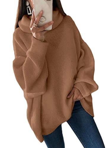 Onsoyours Damen Rollkragenpullover Strickpullover Casual Grobstrick Pullover Warm Oberteil Tops Einfarbig Sweater Elegant Herbst Winter Pulli Sweatshirt A Braun M von Onsoyours