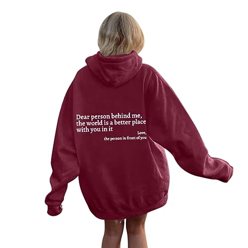 Onsoyours Damen Rückendruck Letter Print Dear Person Behind Me Hoodie Sweatshirt Langarm Y2K E-Girl Pullover Oversize Vintage Kapuzenpullover Harajuku Streetwear Hoodie B Weinrot L von Onsoyours