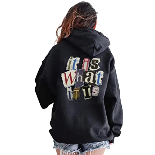 Onsoyours Damen Rückendruck Letter Print Hoodie Sweatshirt Langarm Y2K E-Girl Pullover Oversize Vintage Kapuzenpullover Harajuku Streetwear Hoodie V Schwarz M von Onsoyours