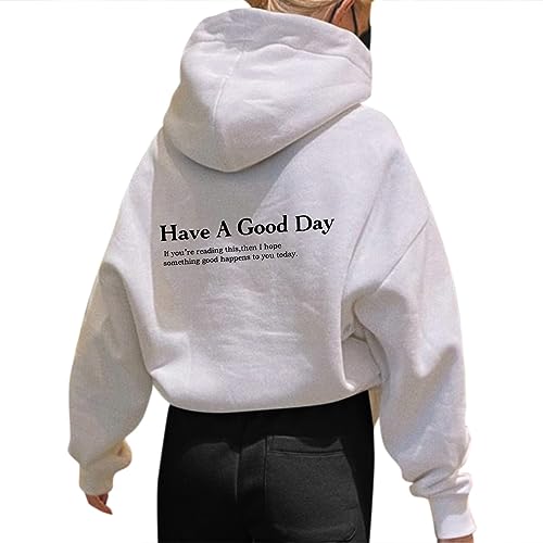 Onsoyours Damen Rückendruck Letter Print Hoodie Sweatshirt mit Kapuze Langarm 90er Y2K E-Girl Pullover Oversize Vintage Kapuzenpullover Harajuku Streetwear A Weiß XS von Onsoyours