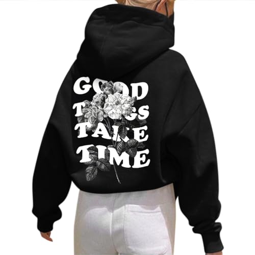 Onsoyours Damen Rückendruck Letter Print Hoodie Sweatshirt mit Kapuze Langarm 90er Y2K E-Girl Pullover Oversize Vintage Kapuzenpullover Harajuku Streetwear G Schwarz M von Onsoyours