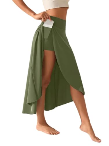 Onsoyours Damen Ruffle Wickelrock Lang Asymmetrische Rock Tennisröcke Hohe Taille Tennis Rock mit Taschen Laufröcke Sport Golfrock mit Innenhose Sommer Rock A Grün M von Onsoyours