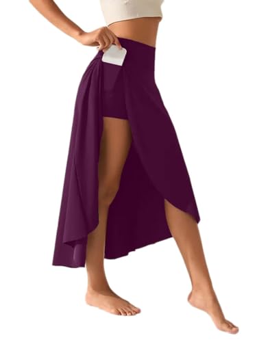 Onsoyours Damen Ruffle Wickelrock Lang Asymmetrische Rock Tennisröcke Hohe Taille Tennis Rock mit Taschen Laufröcke Sport Golfrock mit Innenhose Sommer Rock A Lila L von Onsoyours