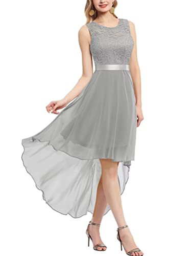 Onsoyours Damen Rundhal Ärmellos Kurz Brautjungfer Kleid Abendkleider Damenkleider Brautjungfernkleider aus Spitzen Knielange Rockabilly Ballkleid A Grau L von Onsoyours