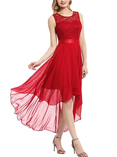Onsoyours Damen Rundhal Ärmellos Kurz Brautjungfer Kleid Abendkleider Damenkleider Brautjungfernkleider aus Spitzen Knielange Rockabilly Ballkleid A Rot M von Onsoyours