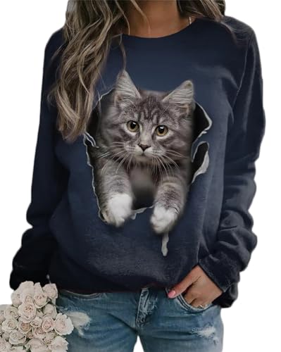 Onsoyours Damen Rundhals Langarm Pullover 3D Katze Gedruckt Sweatshirt Pulli Sweater Tops Bluse Frühling Herbst Oberteile A Stil-1 XS von Onsoyours