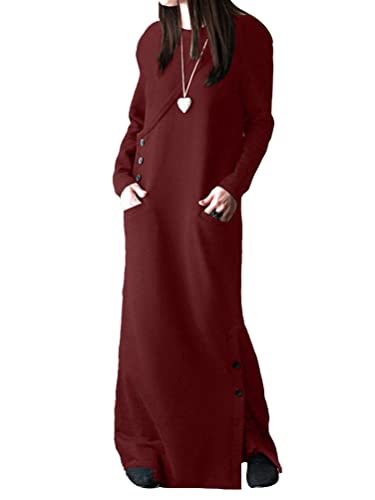 Onsoyours Damen Rundhals Maxikleid Einfarbig Langarm Flowy Kleid Elegant Kleid Lose Freizeitkleider Streifen Split Maxi Kleider mit Taschen Pulloverkleider Lange Kleider A Burgundisch M von Onsoyours