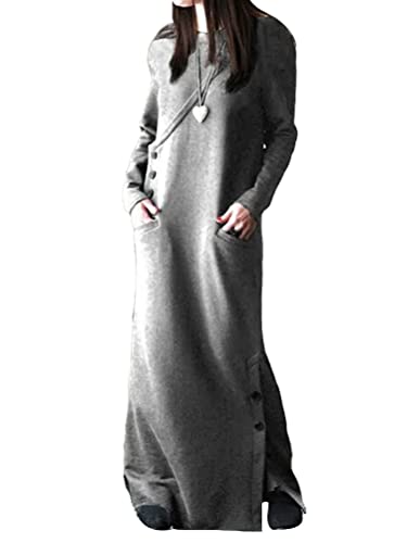 Onsoyours Damen Rundhals Maxikleid Einfarbig Langarm Flowy Kleid Elegant Kleid Lose Freizeitkleider Streifen Split Maxi Kleider mit Taschen Pulloverkleider Lange Kleider A Grau 3XL von Onsoyours