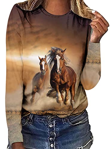 Onsoyours Damen Rundhals Pullover Sweatshirt Frühling Herbst Langarm T-Shirt mit Pferd Motiv Hemd Lässig Langarm Bedruckte Tops Bluse Basic Tunika Oberteile Langarmshirt A Muster-11 S von Onsoyours