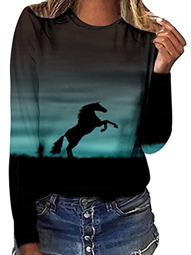 Onsoyours Damen Rundhals Pullover Sweatshirt Frühling Herbst Langarm T-Shirt mit Pferd Motiv Hemd Lässig Langarm Bedruckte Tops Bluse Basic Tunika Oberteile Langarmshirt A Muster-12 S von Onsoyours