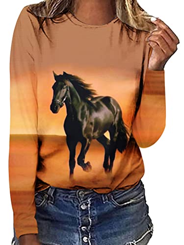 Onsoyours Damen Rundhals Pullover Sweatshirt Frühling Herbst Langarm T-Shirt mit Pferd Motiv Hemd Lässig Langarm Bedruckte Tops Bluse Basic Tunika Oberteile Langarmshirt A Muster-6 3XL von Onsoyours