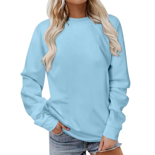 Onsoyours Damen Rundhals Sweatshirt Herbst Pullover Einfarbig Longshirt Basic Pulli ohne Kapuze Elegant Langarmshirt Teenager Mädchen Streetwear A Hellblau M von Onsoyours