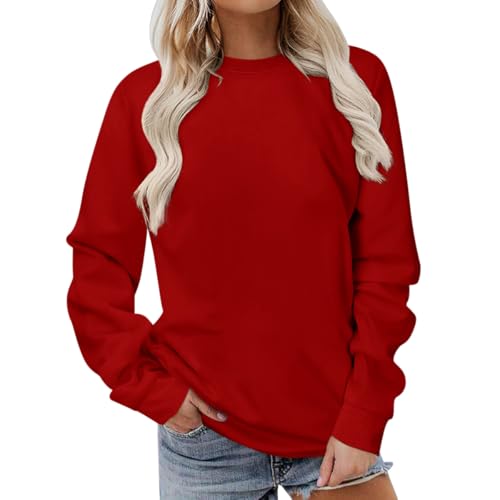 Onsoyours Damen Rundhals Sweatshirt Herbst Pullover Einfarbig Longshirt Basic Pulli ohne Kapuze Elegant Langarmshirt Teenager Mädchen Streetwear A Rot L von Onsoyours