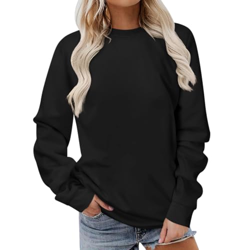 Onsoyours Damen Rundhals Sweatshirt Herbst Pullover Einfarbig Longshirt Basic Pulli ohne Kapuze Elegant Langarmshirt Teenager Mädchen Streetwear A Schwarz M von Onsoyours