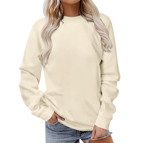 Onsoyours Damen Rundhals Sweatshirt Herbst Pullover Einfarbig Longshirt Basic Pulli ohne Kapuze Langarmshirt Teenager Mädchen Streetwear A Beige M von Onsoyours