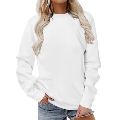 Onsoyours Damen Rundhals Sweatshirt Herbst Pullover Einfarbig Longshirt Pulli ohne Kapuze Elegant Langarmshirt Teenager Mädchen Streetwear A Weiß L von Onsoyours