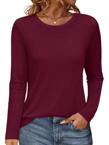 Onsoyours Damen Rundhals Tshirt Langarm Pullover Herbst Winter Oberteile Einfarbig Basic Longshirt Tops A Weinrot L von Onsoyours