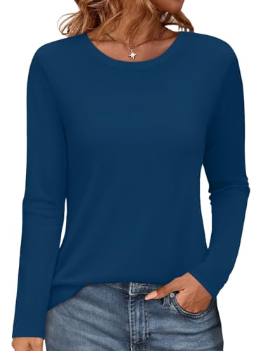 Onsoyours Damen Rundhals Tshirt Langarm Pullover Herbst Winter Oberteile Einfarbig Basic Longshirt Tops A Dunkelblau XXL von Onsoyours