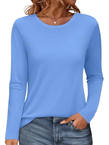 Onsoyours Damen Rundhals Tshirt Langarm Pullover Herbst Winter Oberteile Einfarbig Basic Longshirt Tops A Hellblau XXL von Onsoyours