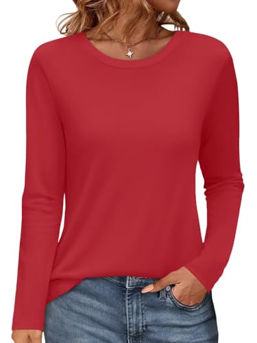 Onsoyours Damen Rundhals Tshirt Langarm Pullover Herbst Winter Oberteile Einfarbig Basic Longshirt Tops A Rot XL von Onsoyours