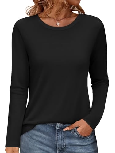 Onsoyours Damen Rundhals Tshirt Langarm Pullover Herbst Winter Oberteile Einfarbig Basic Longshirt Tops A Schwarz XXL von Onsoyours