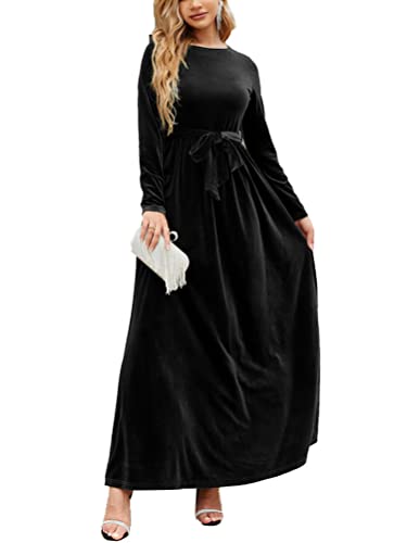 Onsoyours Damen Samtkleid Winterkleid Frauen Hohe Taille Langarm Maxikleid Retro Party Cocktail Kleider Freizeitkleid Mit Gürtel Business Kleider Festlich Silvester A Schwarz L von Onsoyours