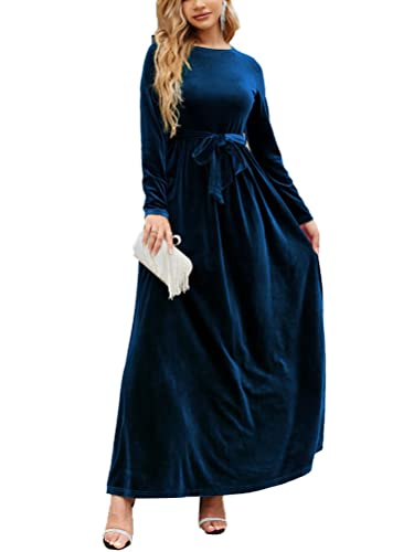 Onsoyours Damen Samtkleid Winterkleid Frauen Hohe Taille Langarm Maxikleid Retro Party Cocktail Kleider Freizeitkleid Mit Gürtel Business Kleider Festlich Silvester Weihnachten A Dunkelblau XXL von Onsoyours