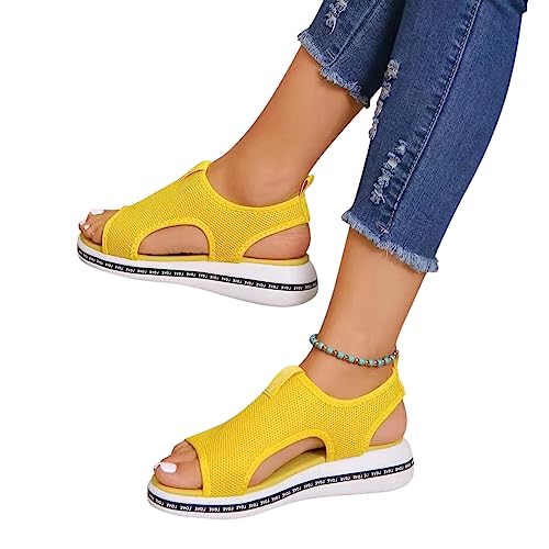 Onsoyours Damen Sandalen Bequem Flach Klettverschluss Sandaletten Mit Absatz Sommer Vintage Elegant Schnüren Schuhe Ultraleichte Tennisschuhe Stretch Fly Woven F Gelb 41 EU von Onsoyours