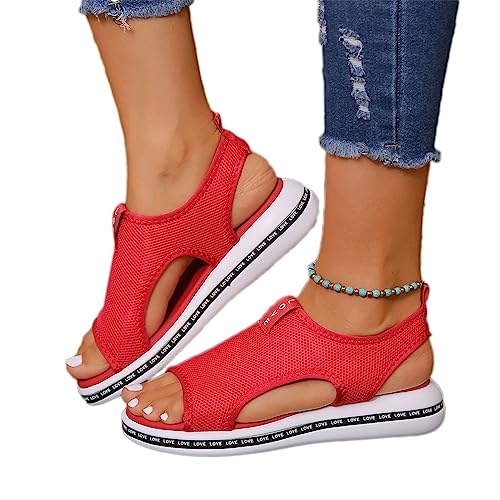 Onsoyours Damen Sandalen Bequem Flach Klettverschluss Sandaletten Mit Absatz Sommer Vintage Elegant Schnüren Schuhe Ultraleichte Tennisschuhe Stretch Fly Woven F Rot 42 EU von Onsoyours