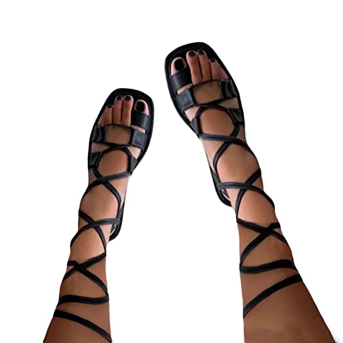 Onsoyours Damen Sandalen Boho Leder Römische Schuhe Gladiator Sandalen Flacher Absatz Runde Zehe Lässig Vintage Klassiker A Schwarz 37 EU von Onsoyours