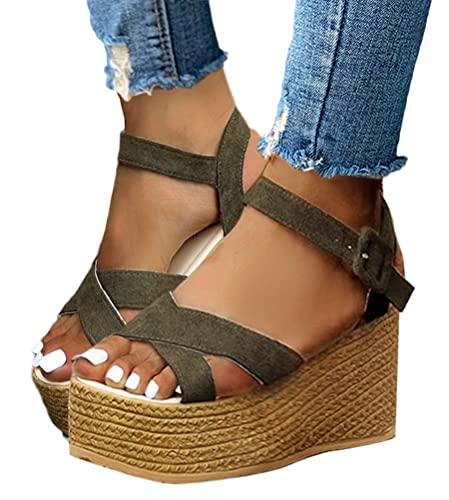 Onsoyours Damen Sandalen Casual Damen Sommer Wedge Peep Toe High Heel Plattform Pantoletten Sandalen Flache Schuhe Strandsandalen J Armeegrün 36 EU von Onsoyours