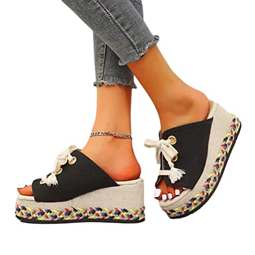 Onsoyours Damen Sandalen Casual Sommer Wedge Peep Toe High Heel Plattform Pantoletten Anti Rutsch Sandalen Strand Espadrilles C Schwarz 40 EU von Onsoyours