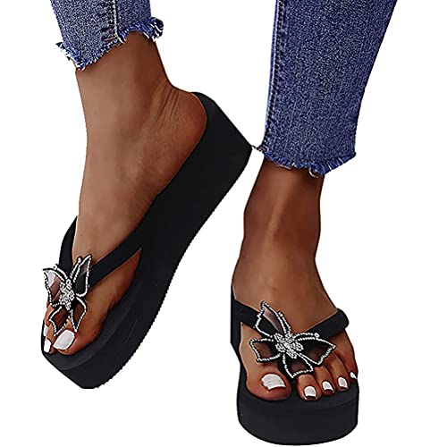 Onsoyours Damen Sandalen Casual Sommerschuhe Keil Peep Toe Flip Flop Schuhe mit Strass Schmetterling High Heel Plateau Rutschfeste Sandalen A Schwarz 39 EU von Onsoyours