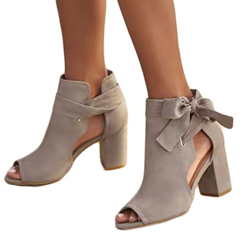 Onsoyours Damen Sandalen Dicke High Heels Sommer Peep Toe Schnürsenkel Sandaletten Retro Sandaletten mit Blockabsatz Mode Stiefeletten Sandalen Grau 39 EU von Onsoyours