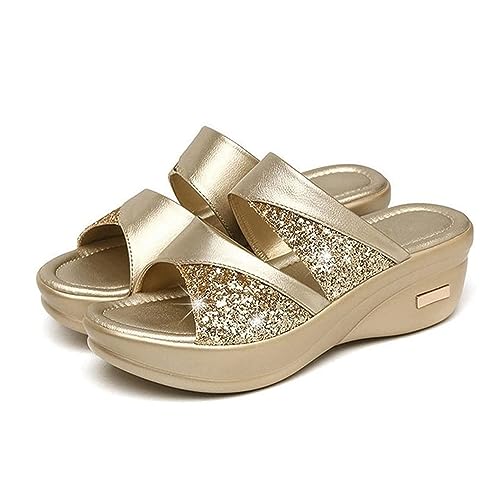 Onsoyours Damen Sandalen Glitter Casual Damen Sommer Wedge Peep Toe High Heel Plattform Pantoletten Anti-Rutsch-Sandalen A Gold 40 EU von Onsoyours