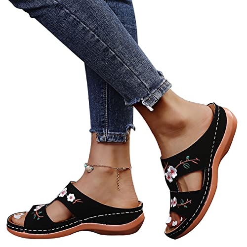 Onsoyours Damen Sandalen Komfort Schuhe Keilabsatz Runde Zehe PU Halbschuhe Blumen D Schwarz 39 EU von Onsoyours