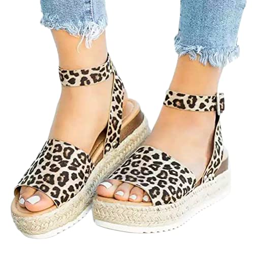 Onsoyours Damen Sandalen Plateau Keilsandalen Espadrille Sandaletten Keilabsatz Sommerschuhe Flatform Slingback Leopardenmuster 38 EU von Onsoyours
