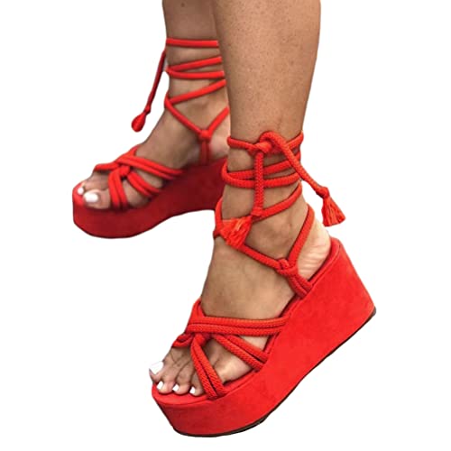 Onsoyours Damen Sandalen Plateau Schuhe Sommer Fischmaul Schuhe Plattform Freizeitschuhe Wedge Peep Toe Strand Lässige Offene Sommerschuhe A Rot 41 EU von Onsoyours