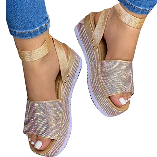 Onsoyours Damen Sandalen Plateausandalen Mode Glitzer Strass PU Sommerschuhe Mit Knöchelriemen Riemchensandalens Strandschuhe A Gold 42 EU von Onsoyours