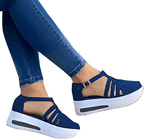 Onsoyours Damen Sandalen Schnalle Pumps Riemchensandalen Plattform Rom Sommerschuhe Espadrilles Sandalen Keilabsatz Knöchelschnallen Geschlossene Zehen Wildleder Freizeitschuhe C Blau 39 EU von Onsoyours