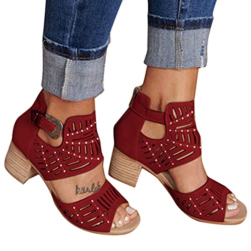 Onsoyours Damen Sandalen Sommer Blockabsatz Peep Toe High Heel Römische Sandalen Seitlicher Reißverschluss Sommerschuhe B Rot 40 EU von Onsoyours