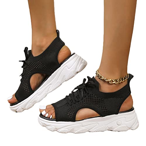 Onsoyours Damen Sandalen Sommer Plateau Flach Mesh Sandaletten Bequeme Peep Toe Wedges F Schwarz 40 EU von Onsoyours