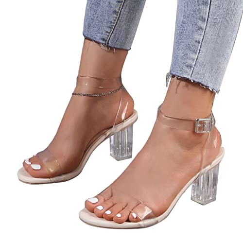 Onsoyours Damen Sandalen mit Absatz Elegant Transparent Pumps Blockabsatz Sandaletten Sommerschuhe High Heels Sandals Klarem Römersandalen Abendschuhe Strandsandalen B Beige 38 EU von Onsoyours